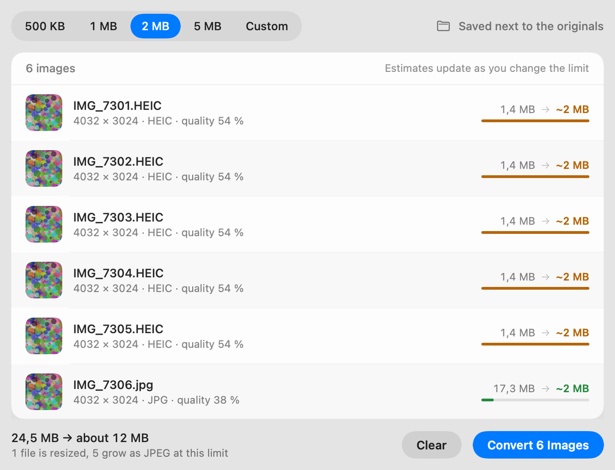 The Image Shrink window: a size-limit picker, a list of images, and the size each one will come out at.